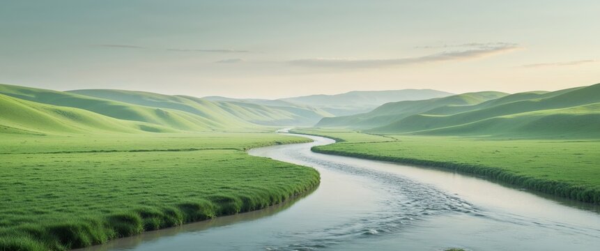 Serene Green Valley with Flowing Stream and Rolling Hills