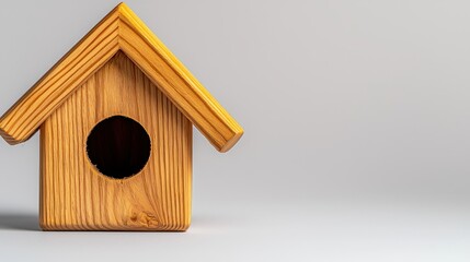 Natural Wooden Birdhouse with Circular Opening on Gray Background