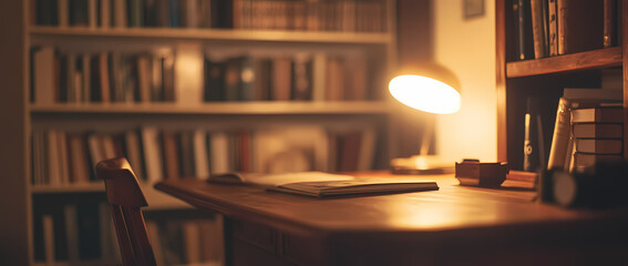 Minimally blurred background of a wooden desk with a book and lamp on a blurred living room interior, with copy space