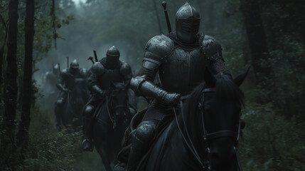 A group of knights riding through a dense forest, their armor gleaming in the dim light