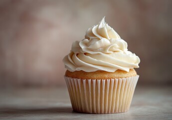 Close-up of a fluffy vanilla cupcake topped with smooth creamy frosting and set against a soft textured background for culinary delights and desserts.