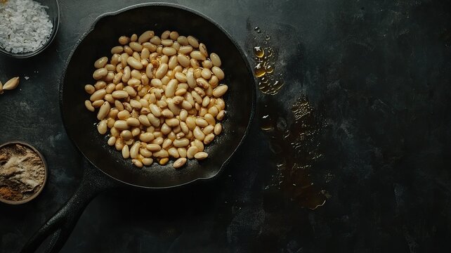 Cast iron skillet with white beans on dark rustic background