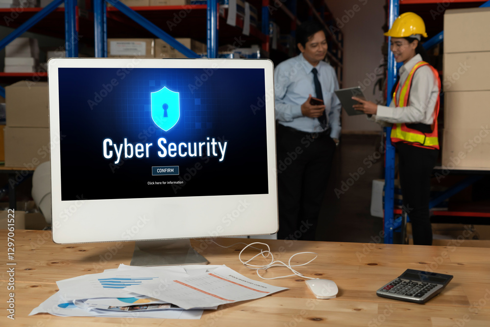 Poster cyber security system on computer screen protect private information snugly from hacker and cyber at