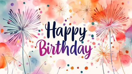 A vibrant watercolor birthday card design features the words "Happy Birthday" surrounded by colorful fireworks, confetti, and festive abstract splashes, creating a joyful celebration theme.