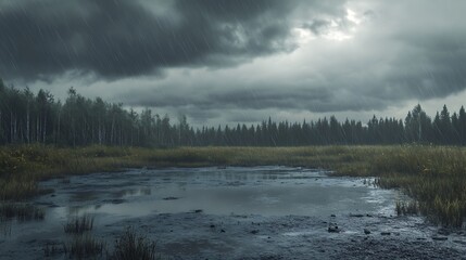 Fototapeta premium Dramatic raindrop impact on puddle during twilight high resolution picture