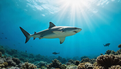 Obraz premium Shark swimming gracefully in vibrant coral reef