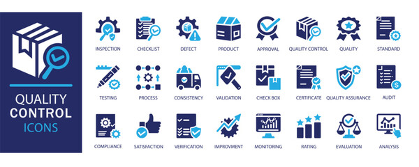 Quality control icon set. Includes inspection, checklist, defect, approval, testing, verification,  and more. Ideal for business, manufacturing, related projects. Fully scalable vector design.