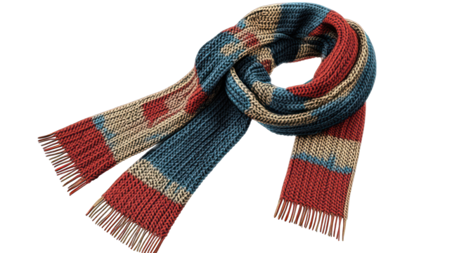 Stylish woolen scarf in a modern pattern, ideal for winter fashion isolated on transparent background.