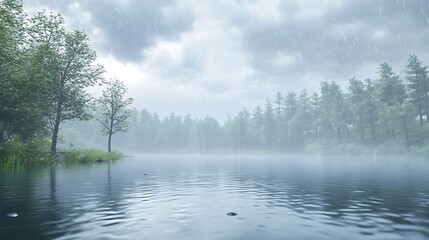 Fototapeta premium Misty mountains reflected in tranquil lake under cloudy skies high resolution picture