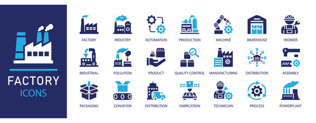 Factory  icons set. Featuring automation, manufacturing, warehouse, worker, machinery, pollution, conveyor, packaging, and production. Ideal for industrial,  and supply chain designs.