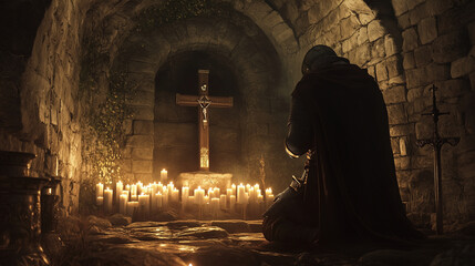 A knight praying before a cross in a candle-lit stone chapel