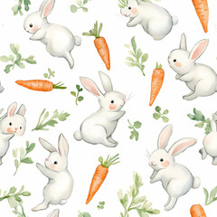 Fototapeta premium Watercolor pattern of cute bunnies jumping with carrots, on a white background, seamless pattern