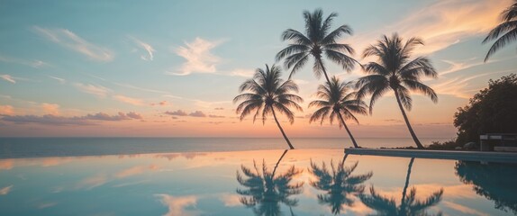 Obraz premium serene sunset reflection on pool with ocean view and palm trees