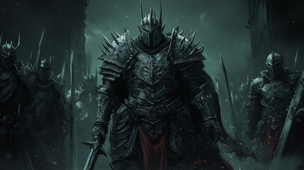 Fototapeta premium A dark knight in spiked armor, leading an army of shadowy warriors