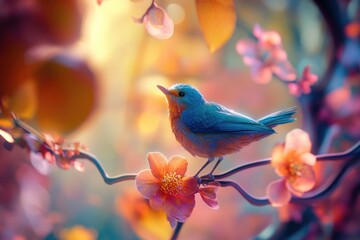 Obraz premium A blue bird sits quietly on a branch of a tree, looking out for its next meal or singing its morning song