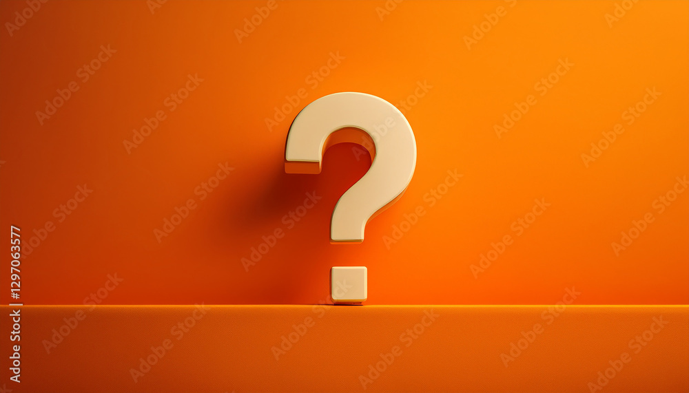 Poster floating 3d question mark with smooth edges on a warm orange surface. a concept for faq and troubles