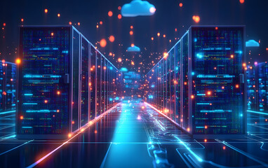A virtual network of connected servers and cloud systems, flowing data and glowing digital nodes, representing advanced storage and cloud services