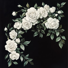 Elegant white roses arranged with green leaves on black background create stunning floral composition. This artwork evokes feelings of serenity and beauty