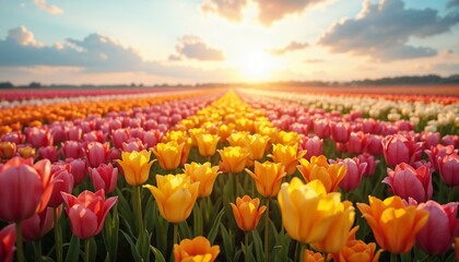 Vibrant tulip fields in full bloom at sunset with colorful hues