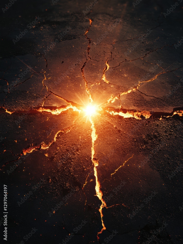 Aufkleber Crack in the ground releasing bright light during a cosmic event at twilight creating a surreal atmosphere. Generative AI