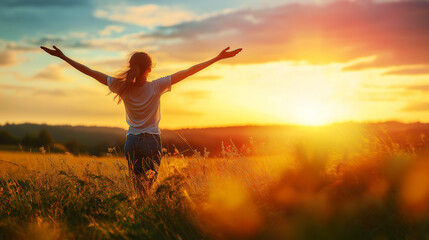 Woman embracing freedom and nature in a golden sunset field, perfect for wellness campaigns, inspirational content, and mindfulness promotions