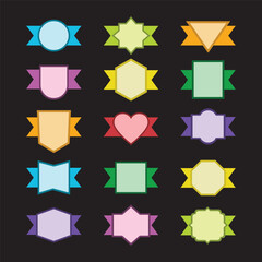 Cute colorful geometrical empty ribbon banners badges and labels in different shapes design elements set on black background