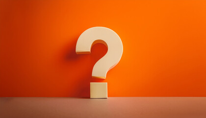 Glossy three-dimensional question mark on a bright orange backdrop. Representing curiosity, Q&A, and solutions.
