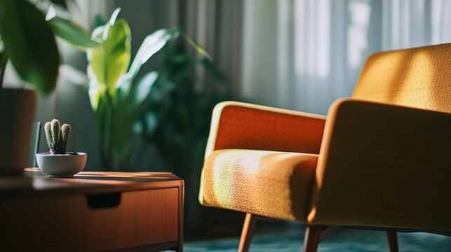 A simple arrangement of furniture with a yellow chair and wooden table, ideal for minimalistic home decor or office setting - Powered by Adobe