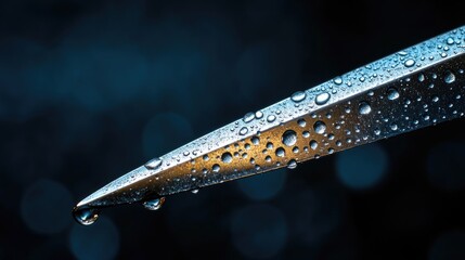 Close-up shot of a knife with water droplets, great for kitchen or food-related illustrations