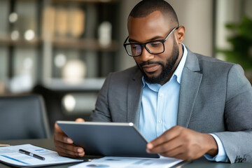 Obraz premium Business professional reviews documents on tablet in modern office space during daytime
