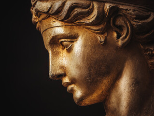 Ancient sculpture detail museum gallery art piece dimly lit environment close-up view cultural heritage representation