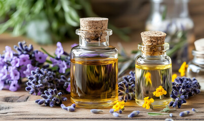 Aromatic Lavender Essential Oil Bottles and Fresh Lavender Flowers