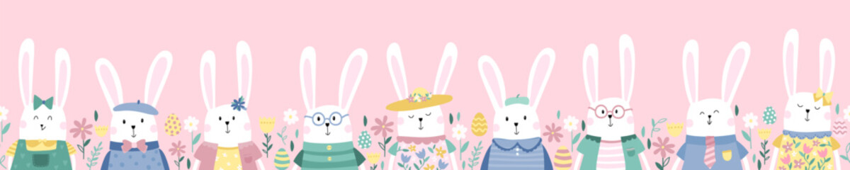 Fun hand drawn Easter Bunnies, vintage style bunnies with cute decorations, great for textiles, banners, wallpapers - vector design