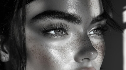 Obraz premium Striking monochrome beauty portrait with freckles and natural light for fashion editorials, skincare campaigns