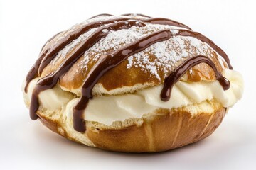 A donut with creamy filling and rich chocolate icing on top, perfect for snacking or serving at parties