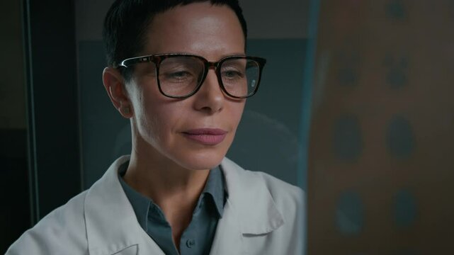 Closeup of face of middle-aged Caucasian female radiographer with short hair, wearing glasses holding brain MRI film and analyzing scan for abnormality or tumor