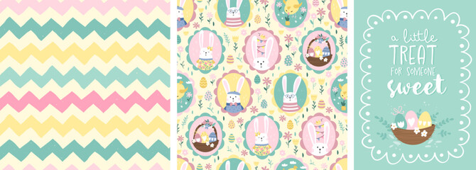 Matching Easter pattern with fun hand drawn Easter Bunnies, vintage style bunnies in cute frames, great for textiles, banners, wallpapers - vector design