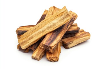A stack of wooden sticks on a white background