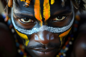 Portrait of african tribesman with face painting, head adornment and colourful necklaces