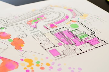 Colorful architectural plans showcase residential development approval process and building permit process. Concept emphasizes residential development approval process for new projects
