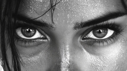 Intense black-and-white close-up of fierce eyes with sweat perfect for sports, determination, and motivational themes