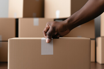 Person sealing a cardboard box in a storage room full of packages