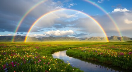 Naklejka premium Double Rainbow Over Meadow with Wildflowers and Winding Stream Landscape