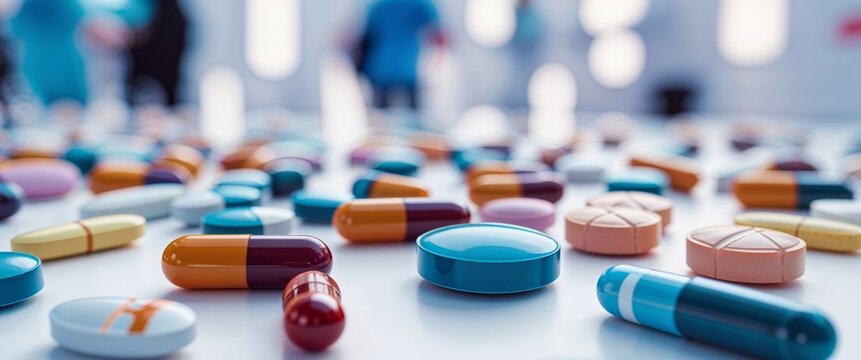 Colorful pills at health event showcase variety and awareness