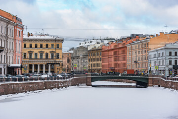 Obraz premium City streets of historical center after snowfall. Saint Petersburg.