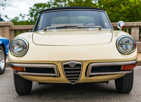 Chicago, Illinois - September 29, 2024: Alfa Romeo duetto Spider. Alfa Romeo duetto Spider convertible parked on the street. front view. Alfa Romeo duetto Spider in Chicago