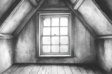 A sketched interior of an attic room with a window in the center
