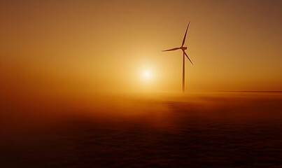 Obraz premium Wind Turbine Emerging from Fog at Sunrise, A Symbol of Renewable Energy