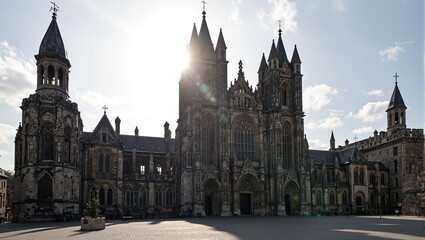 Fototapeta premium Majestic Gothic cathedral at sunset illuminated with warm light intricate carvings and dramatic shadows