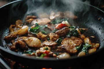 A person is cooking meat and vegetables in a skillet on a stove
